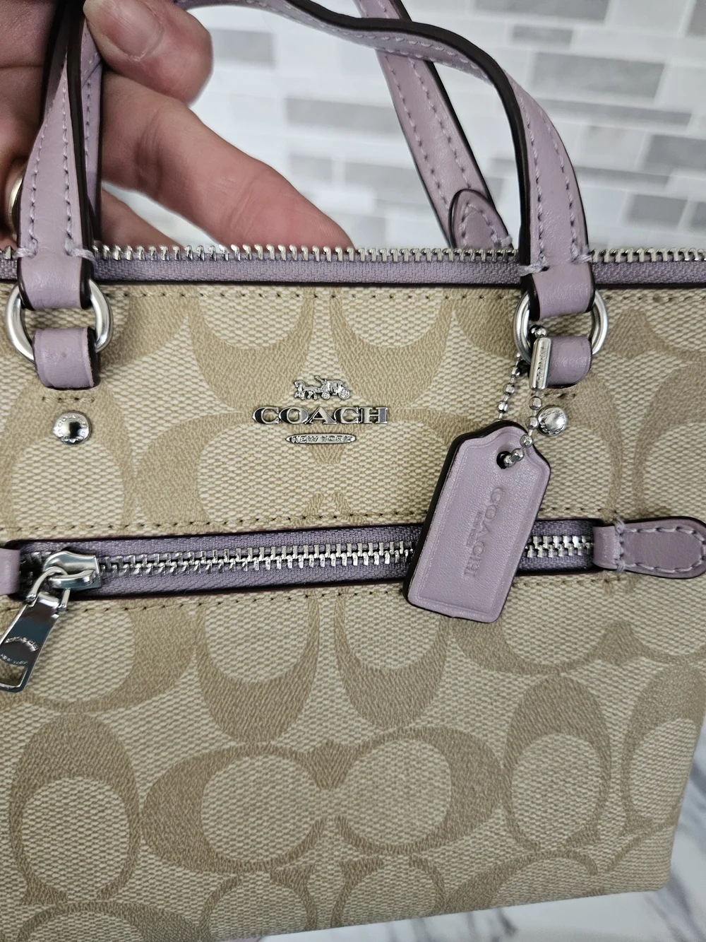 COACH Gallery Mini Canvas Crossbody in Beige with Lavender Trim